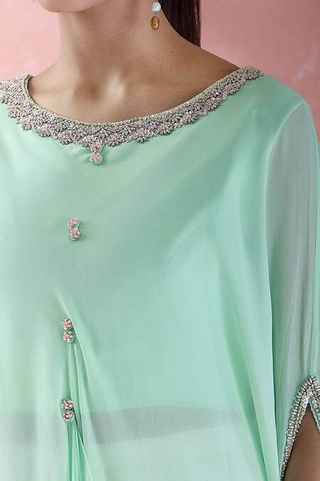 Buy Samyukta Singhania Green Crepe Embroidery Round Neck Asymmetric Hand Tunic With Palazzo Online at Aza Fashions Buy_Samyukta Singhania_Green Crepe Embroidery Round Neck Asymmetric Hand Tunic With Palazzo_Online_at_Aza_Fashions