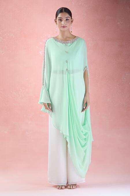 Samyukta Singhania Green Crepe Embroidery Round Neck Asymmetric Hand Tunic With Palazzo at Aza Fashions Samyukta Singhania_Green Crepe Embroidery Round Neck Asymmetric Hand Tunic With Palazzo_at_Aza_Fashions