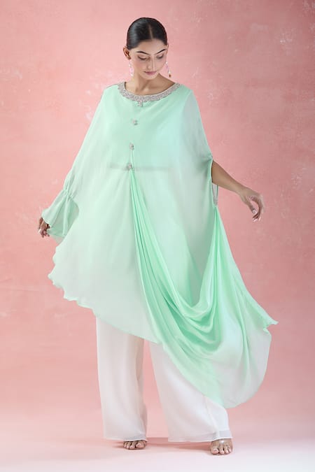 Buy Samyukta Singhania Green Crepe Embroidery Round Neck Asymmetric Hand Tunic With Palazzo Buy_Samyukta Singhania_Green Crepe Embroidery Round Neck Asymmetric Hand Tunic With Palazzo