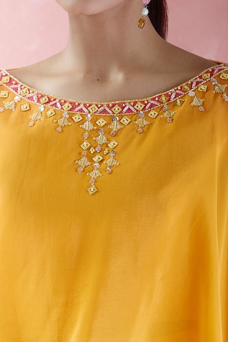 Samyukta Singhania_Orange Crepe Embroidery Round Neck Hand Kaftan With Draped Skirt_Online_at_Aza_Fashions