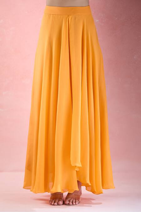 Buy_Samyukta Singhania_Orange Crepe Embroidery Round Neck Hand Kaftan With Draped Skirt_Online_at_Aza_Fashions