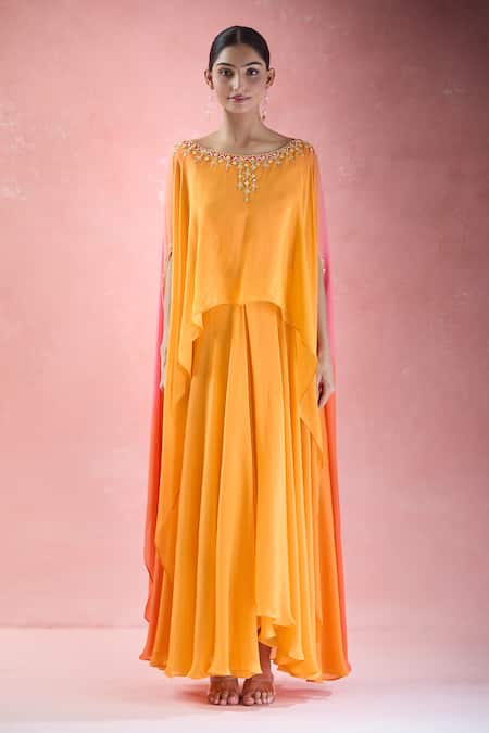 Shop_Samyukta Singhania_Orange Crepe Embroidery Round Neck Hand Kaftan With Draped Skirt_Online_at_Aza_Fashions