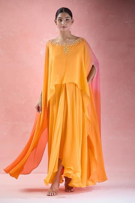 Samyukta Singhania_Orange Crepe Embroidery Round Neck Hand Kaftan With Draped Skirt_at_Aza_Fashions