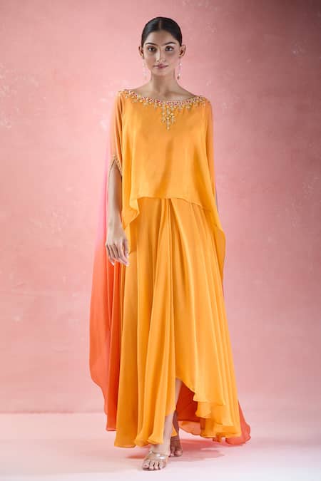 Buy_Samyukta Singhania_Orange Crepe Embroidery Round Neck Hand Kaftan With Draped Skirt