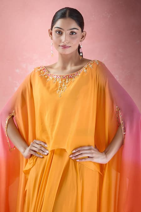 Shop_Samyukta Singhania_Orange Crepe Embroidery Round Neck Hand Kaftan With Draped Skirt