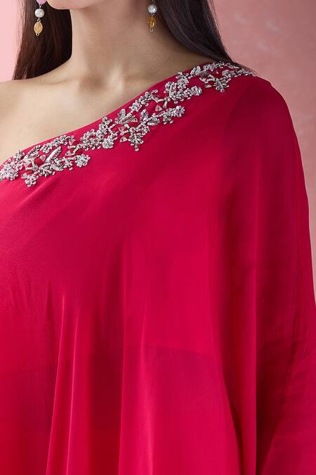 Samyukta Singhania Red Crepe Embroidery Asymmetric Hand Tunic With Gharara Online at Aza Fashions Samyukta Singhania_Red Crepe Embroidery Asymmetric Hand Tunic With Gharara_Online_at_Aza_Fashions