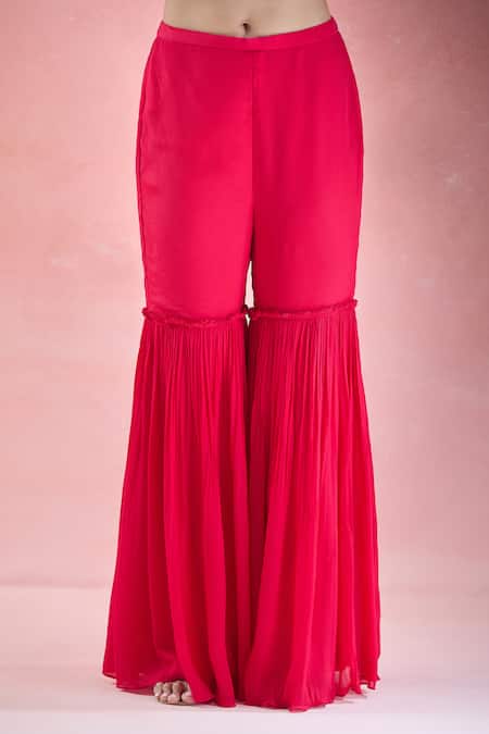 Buy Samyukta Singhania Red Crepe Embroidery Asymmetric Hand Tunic With Gharara Online at Aza Fashions Buy_Samyukta Singhania_Red Crepe Embroidery Asymmetric Hand Tunic With Gharara_Online_at_Aza_Fashions