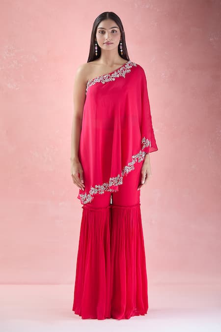 Shop Samyukta Singhania Red Crepe Embroidery Asymmetric Hand Tunic With Gharara Online at Aza Fashions Shop_Samyukta Singhania_Red Crepe Embroidery Asymmetric Hand Tunic With Gharara_Online_at_Aza_Fashions
