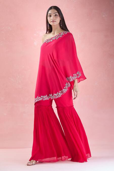 Buy Samyukta Singhania Red Crepe Embroidery Asymmetric Hand Tunic With Gharara Buy_Samyukta Singhania_Red Crepe Embroidery Asymmetric Hand Tunic With Gharara