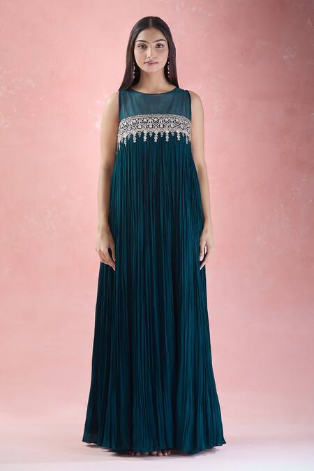 Samyukta Singhania Blue Crepe, Chiffon Mirrors, Sequins, Beads Hand Embroidered Kurta With Dupatta Online at Aza Fashions Samyukta Singhania_Blue Crepe, Chiffon Mirrors, Sequins, Beads Hand Embroidered Kurta With Dupatta_Online_at_Aza_Fashions