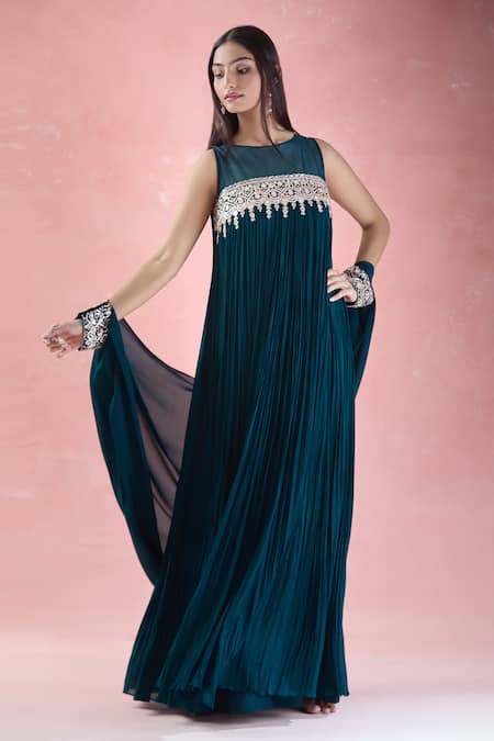 Buy Samyukta Singhania Blue Crepe, Chiffon Mirrors, Sequins, Beads Hand Embroidered Kurta With Dupatta Online at Aza Fashions Buy_Samyukta Singhania_Blue Crepe, Chiffon Mirrors, Sequins, Beads Hand Embroidered Kurta With Dupatta_Online_at_Aza_Fashions
