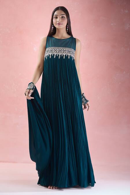 Shop Samyukta Singhania Blue Crepe, Chiffon Mirrors, Sequins, Beads Hand Embroidered Kurta With Dupatta Online at Aza Fashions Shop_Samyukta Singhania_Blue Crepe, Chiffon Mirrors, Sequins, Beads Hand Embroidered Kurta With Dupatta_Online_at_Aza_Fashions