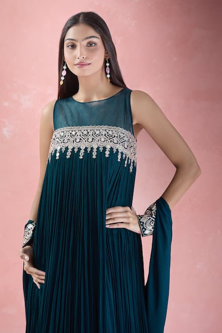 Samyukta Singhania Blue Crepe, Chiffon Mirrors, Sequins, Beads Hand Embroidered Kurta With Dupatta at Aza Fashions Samyukta Singhania_Blue Crepe, Chiffon Mirrors, Sequins, Beads Hand Embroidered Kurta With Dupatta_at_Aza_Fashions