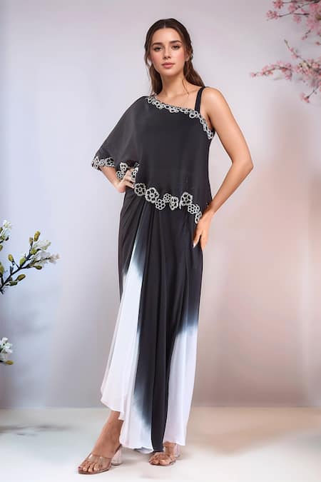 Samyukta Singhania Black Crepe Hand Embroidered Floral Asymmetric Crop Tunic With Skirt 