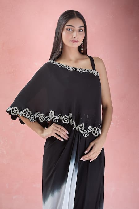 Samyukta Singhania_Black Crepe Embroidery Asymmetric Hand Crop Tunic With Skirt_Online_at_Aza_Fashions