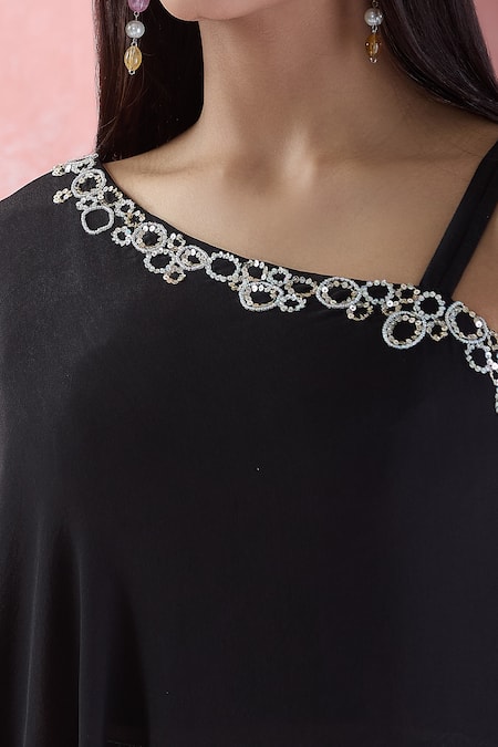 Buy_Samyukta Singhania_Black Crepe Embroidery Asymmetric Hand Crop Tunic With Skirt_Online_at_Aza_Fashions