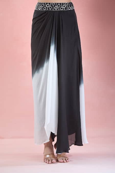 Shop_Samyukta Singhania_Black Crepe Embroidery Asymmetric Hand Crop Tunic With Skirt_Online_at_Aza_Fashions