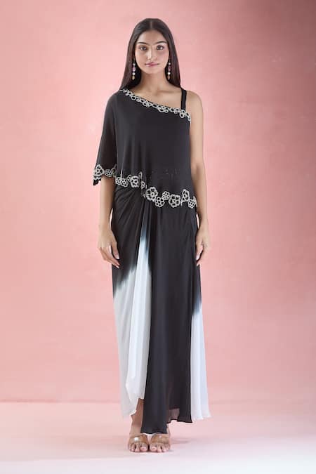 Samyukta Singhania_Black Crepe Embroidery Asymmetric Hand Crop Tunic With Skirt_at_Aza_Fashions