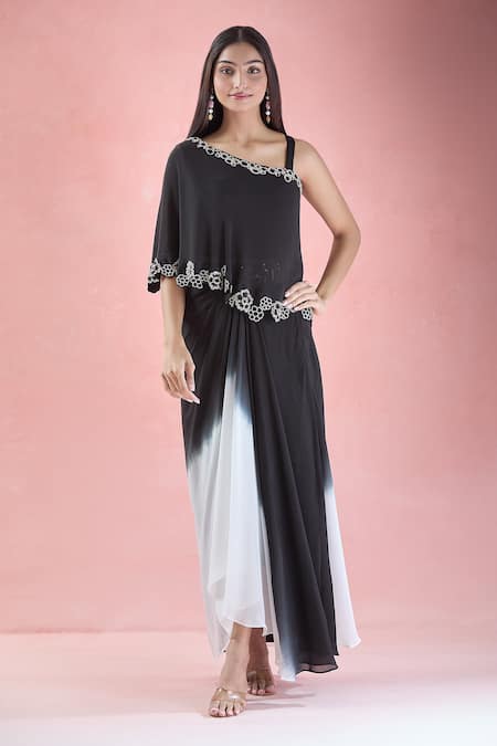 Buy_Samyukta Singhania_Black Crepe Embroidery Asymmetric Hand Crop Tunic With Skirt