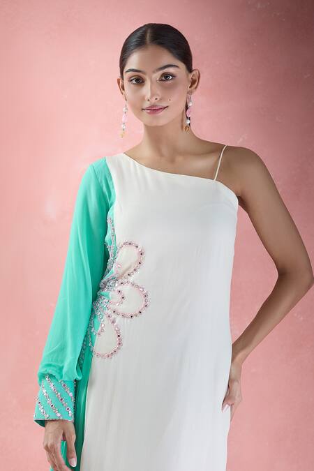 Samyukta Singhania_White Crepe Embroidery, Mirrors Asymmetric Hand Ombre Dress_Online_at_Aza_Fashions