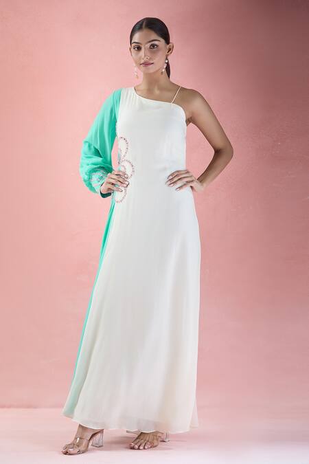 Samyukta Singhania_White Crepe Embroidery, Mirrors Asymmetric Hand Ombre Dress_at_Aza_Fashions