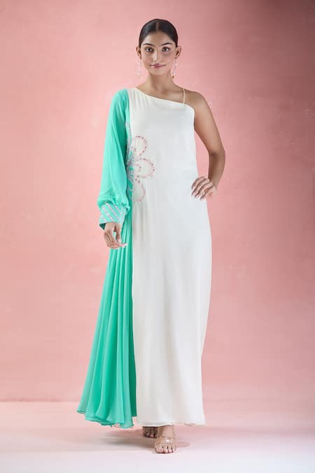 Buy_Samyukta Singhania_White Crepe Embroidery, Mirrors Asymmetric Hand Ombre Dress
