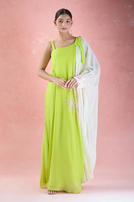 Samyukta Singhania_Green Crepe Beads, Mirrors Asymmetric Ombre Hand Embroidered Dress_Online_at_Aza_Fashions