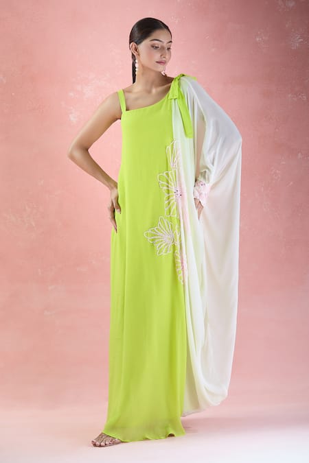 Buy_Samyukta Singhania_Green Crepe Beads, Mirrors Asymmetric Ombre Hand Embroidered Dress_Online_at_Aza_Fashions