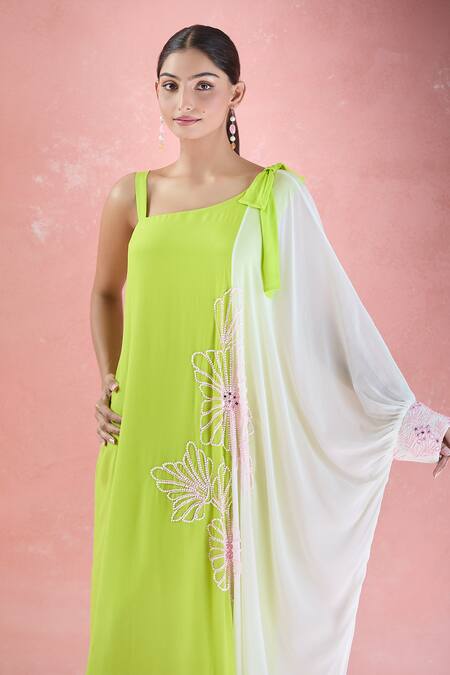 Shop_Samyukta Singhania_Green Crepe Beads, Mirrors Asymmetric Ombre Hand Embroidered Dress_Online_at_Aza_Fashions