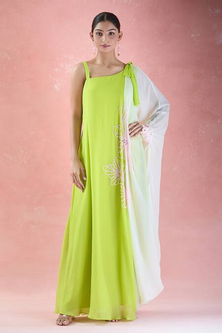 Samyukta Singhania_Green Crepe Beads, Mirrors Asymmetric Ombre Hand Embroidered Dress_at_Aza_Fashions