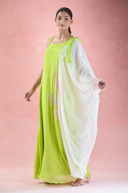 Buy_Samyukta Singhania_Green Crepe Beads, Mirrors Asymmetric Ombre Hand Embroidered Dress