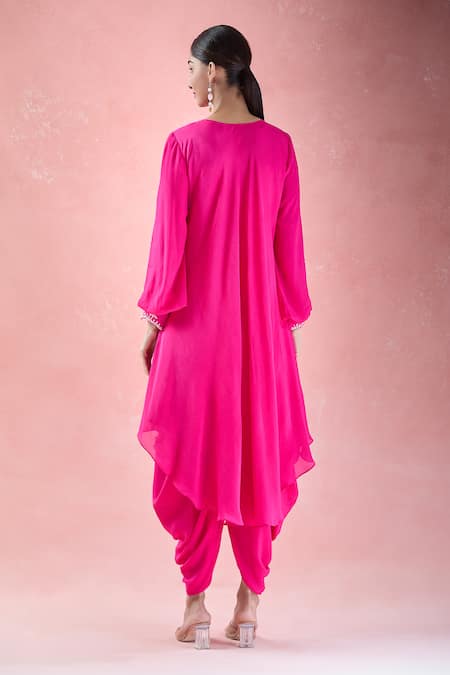 Shop Samyukta Singhania Pink Crepe, Net Embroidery Open Neck Floral Hand Kurta Dhoti Pant Set at Aza Fashions Shop_Samyukta Singhania_Pink Crepe, Net Embroidery Open Neck Floral Hand Kurta Dhoti Pant Set_at_Aza_Fashions