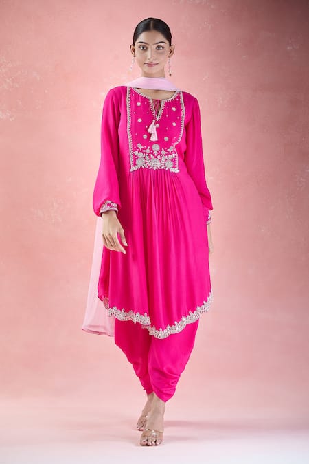 Samyukta Singhania Pink Crepe, Net Embroidery Open Neck Floral Hand Kurta Dhoti Pant Set Online at Aza Fashions Samyukta Singhania_Pink Crepe, Net Embroidery Open Neck Floral Hand Kurta Dhoti Pant Set_Online_at_Aza_Fashions