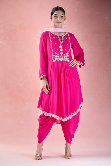 Buy Samyukta Singhania Pink Crepe, Net Embroidery Open Neck Floral Hand Kurta Dhoti Pant Set Online at Aza Fashions Buy_Samyukta Singhania_Pink Crepe, Net Embroidery Open Neck Floral Hand Kurta Dhoti Pant Set_Online_at_Aza_Fashions