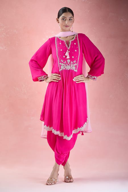 Shop Samyukta Singhania Pink Crepe, Net Embroidery Open Neck Floral Hand Kurta Dhoti Pant Set Online at Aza Fashions Shop_Samyukta Singhania_Pink Crepe, Net Embroidery Open Neck Floral Hand Kurta Dhoti Pant Set_Online_at_Aza_Fashions