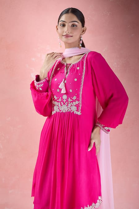Samyukta Singhania Pink Crepe, Net Embroidery Open Neck Floral Hand Kurta Dhoti Pant Set at Aza Fashions Samyukta Singhania_Pink Crepe, Net Embroidery Open Neck Floral Hand Kurta Dhoti Pant Set_at_Aza_Fashions