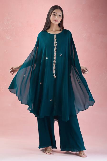 Samyukta Singhania_Green Crepe Embroidery Round Neck Floral Hand Tunic With Palazzo_Online_at_Aza_Fashions