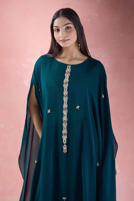 Buy_Samyukta Singhania_Green Crepe Embroidery Round Neck Floral Hand Tunic With Palazzo_Online_at_Aza_Fashions
