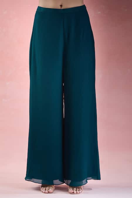 Shop_Samyukta Singhania_Green Crepe Embroidery Round Neck Floral Hand Tunic With Palazzo_Online_at_Aza_Fashions