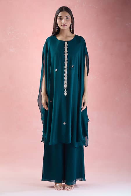 Samyukta Singhania_Green Crepe Embroidery Round Neck Floral Hand Tunic With Palazzo_at_Aza_Fashions