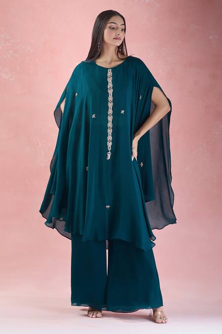 Buy_Samyukta Singhania_Green Crepe Embroidery Round Neck Floral Hand Tunic With Palazzo