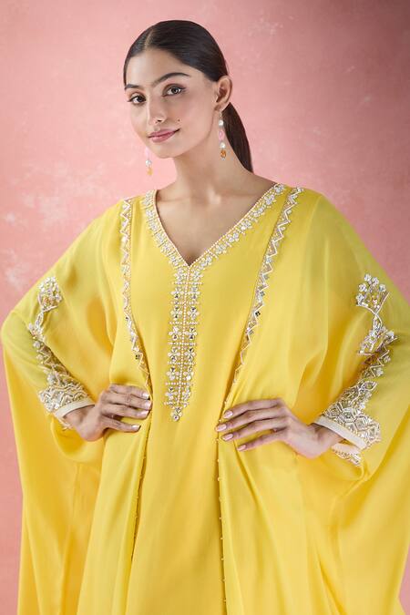 Samyukta Singhania_Yellow Crepe Sequins, Beads V-neck Geometric Hand Embroidered Tunic With Palazzo_Online_at_Aza_Fashions