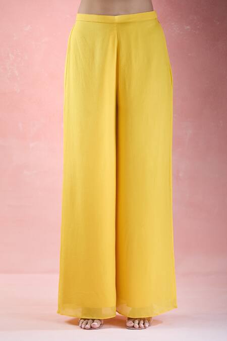 Buy_Samyukta Singhania_Yellow Crepe Sequins, Beads V-neck Geometric Hand Embroidered Tunic With Palazzo_Online_at_Aza_Fashions