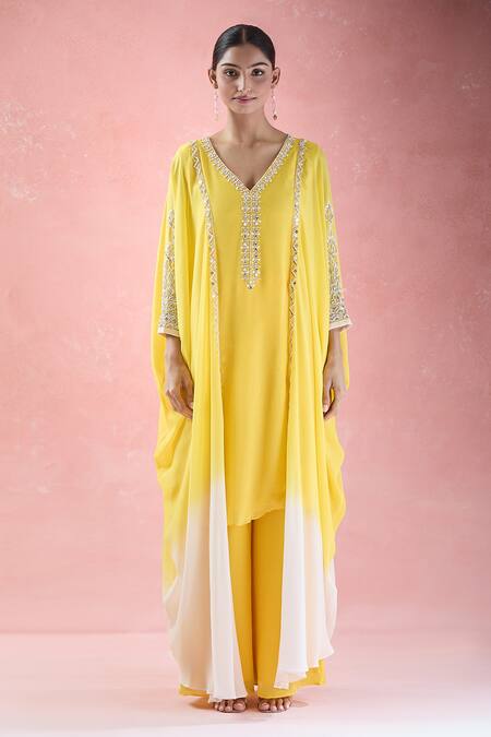 Shop_Samyukta Singhania_Yellow Crepe Sequins, Beads V-neck Geometric Hand Embroidered Tunic With Palazzo_Online_at_Aza_Fashions