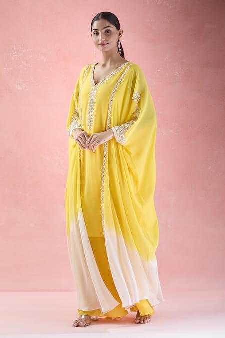 Samyukta Singhania_Yellow Crepe Sequins, Beads V-neck Geometric Hand Embroidered Tunic With Palazzo_at_Aza_Fashions