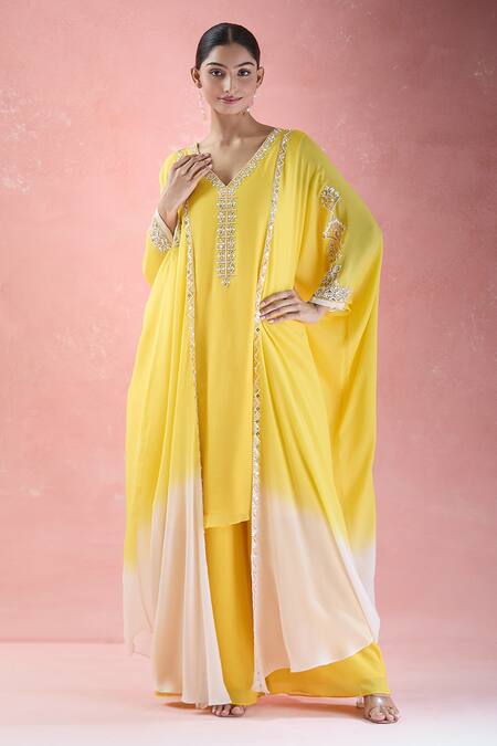 Buy_Samyukta Singhania_Yellow Crepe Sequins, Beads V-neck Geometric Hand Embroidered Tunic With Palazzo