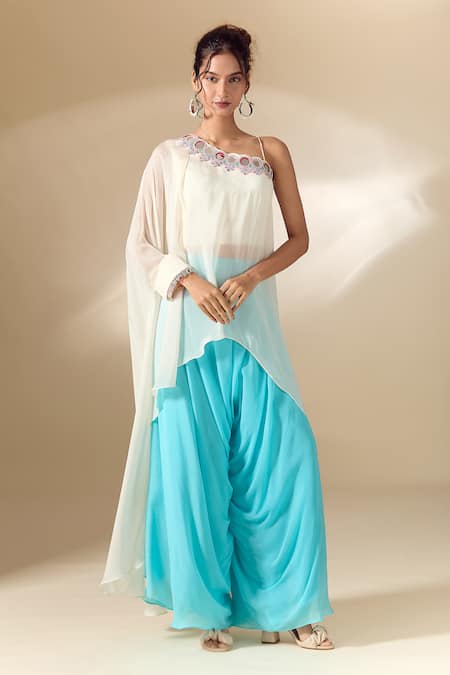 Samyukta Singhania White Crepe Mirrors, Beads Asymmetric Hand Embroidered Tunic With Palazzo Online at Aza Fashions Samyukta Singhania_White Crepe Mirrors, Beads Asymmetric Hand Embroidered Tunic With Palazzo_Online_at_Aza_Fashions