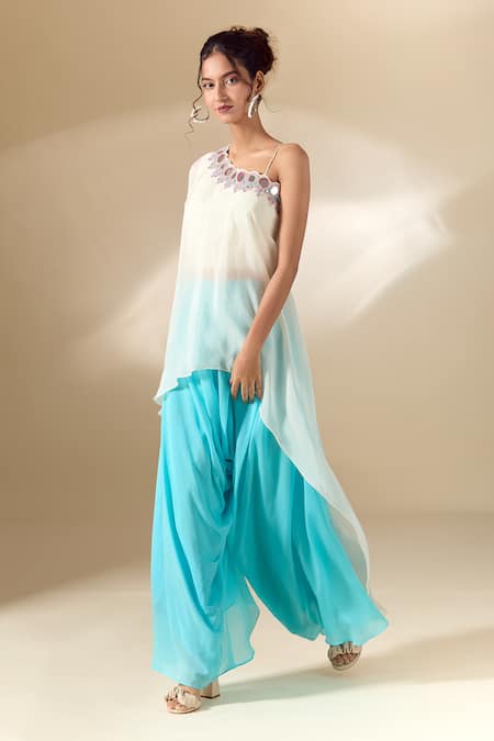 Buy Samyukta Singhania White Crepe Mirrors, Beads Asymmetric Hand Embroidered Tunic With Palazzo Online at Aza Fashions Buy_Samyukta Singhania_White Crepe Mirrors, Beads Asymmetric Hand Embroidered Tunic With Palazzo_Online_at_Aza_Fashions