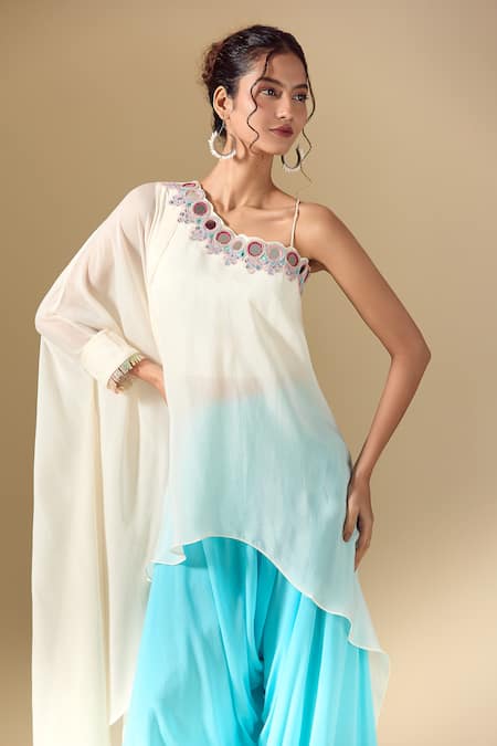 Shop Samyukta Singhania White Crepe Mirrors, Beads Asymmetric Hand Embroidered Tunic With Palazzo Online at Aza Fashions Shop_Samyukta Singhania_White Crepe Mirrors, Beads Asymmetric Hand Embroidered Tunic With Palazzo_Online_at_Aza_Fashions