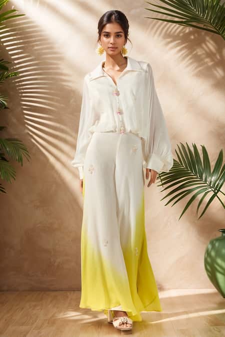 Samyukta Singhania White Crepe Tassel Collared Detailed Shirt With Pant 